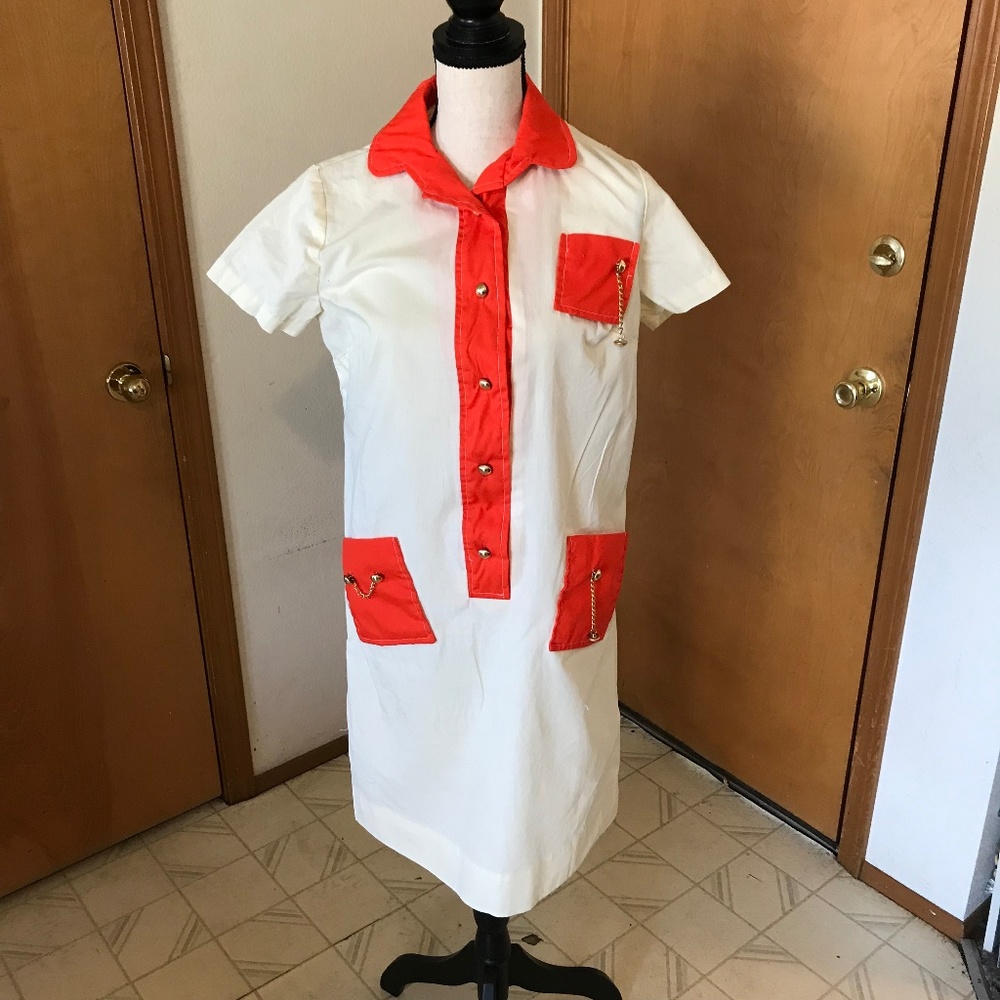 Cream Orange Contrast Button Front Shirt Dress Vtg